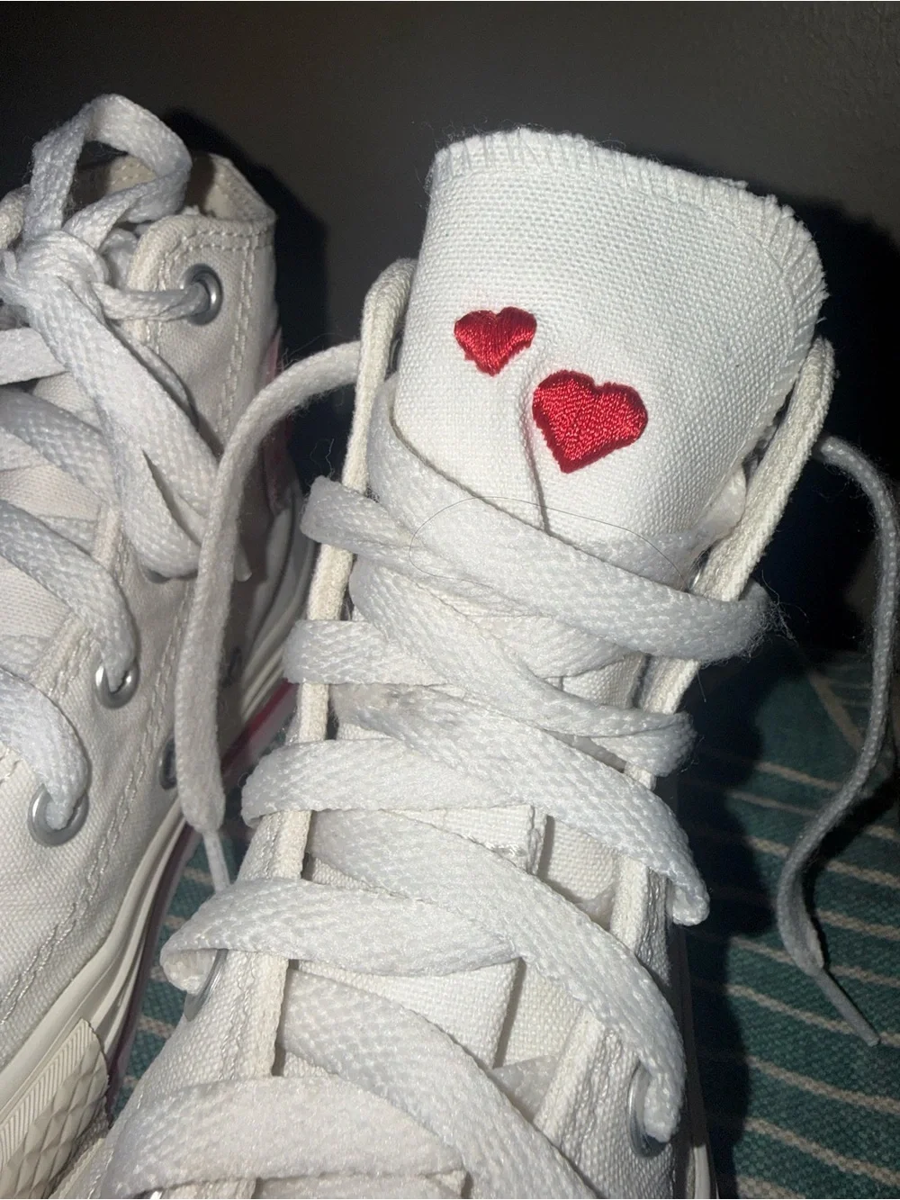 Converse Kids White High Top Sneakers with Red Heart and Pink & Red Stripes